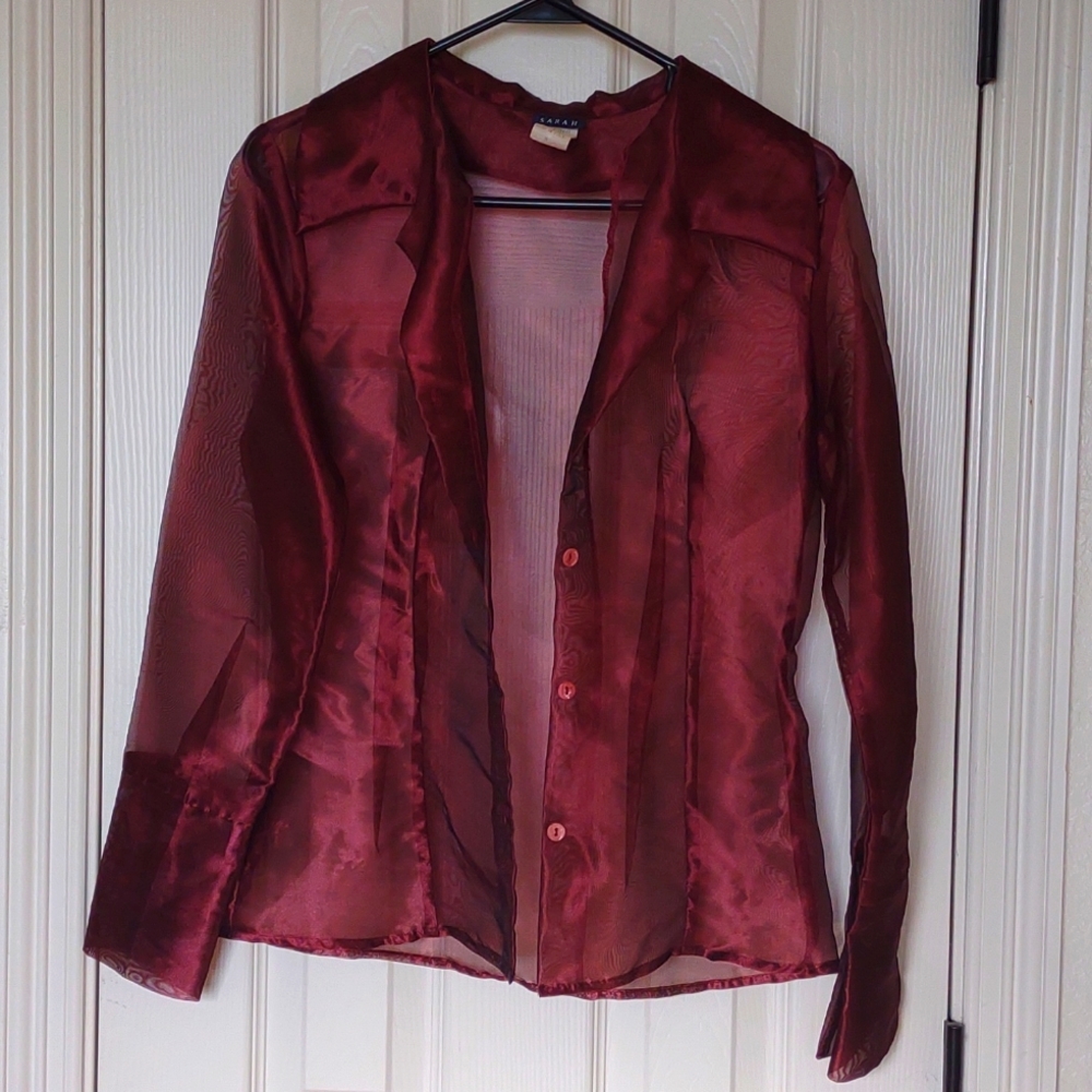 Gorgeous shimmering iridescent dark maroon sheer blouse. Size small.